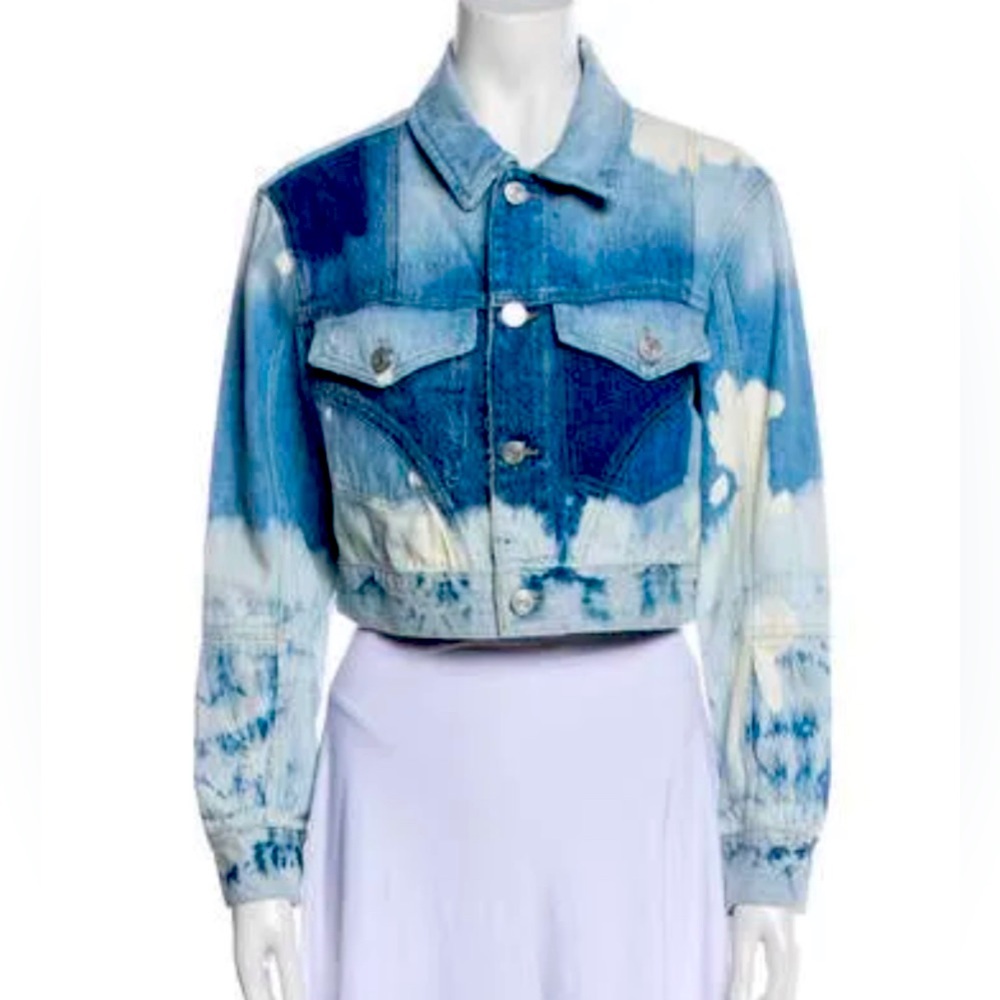 FRAME Cropped Denim Jacket Blue Tie-Dye Print • XS